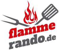 Das Flammerando Markenlogo oben mittig eine Flamme, rechts und links Grillbesteck und darunter die Flammerando Schrift in rot und grau