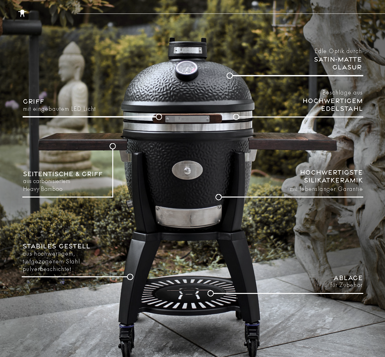 Premium Kamado Grill Monolith Avantgarde 66 mit LED-Griff, Satin-Matt-Glasur, Edelstahlbeschlägen, Silikatkeramik, Bambus-Seitentischen und stabilem Stahlgestell im Garten.