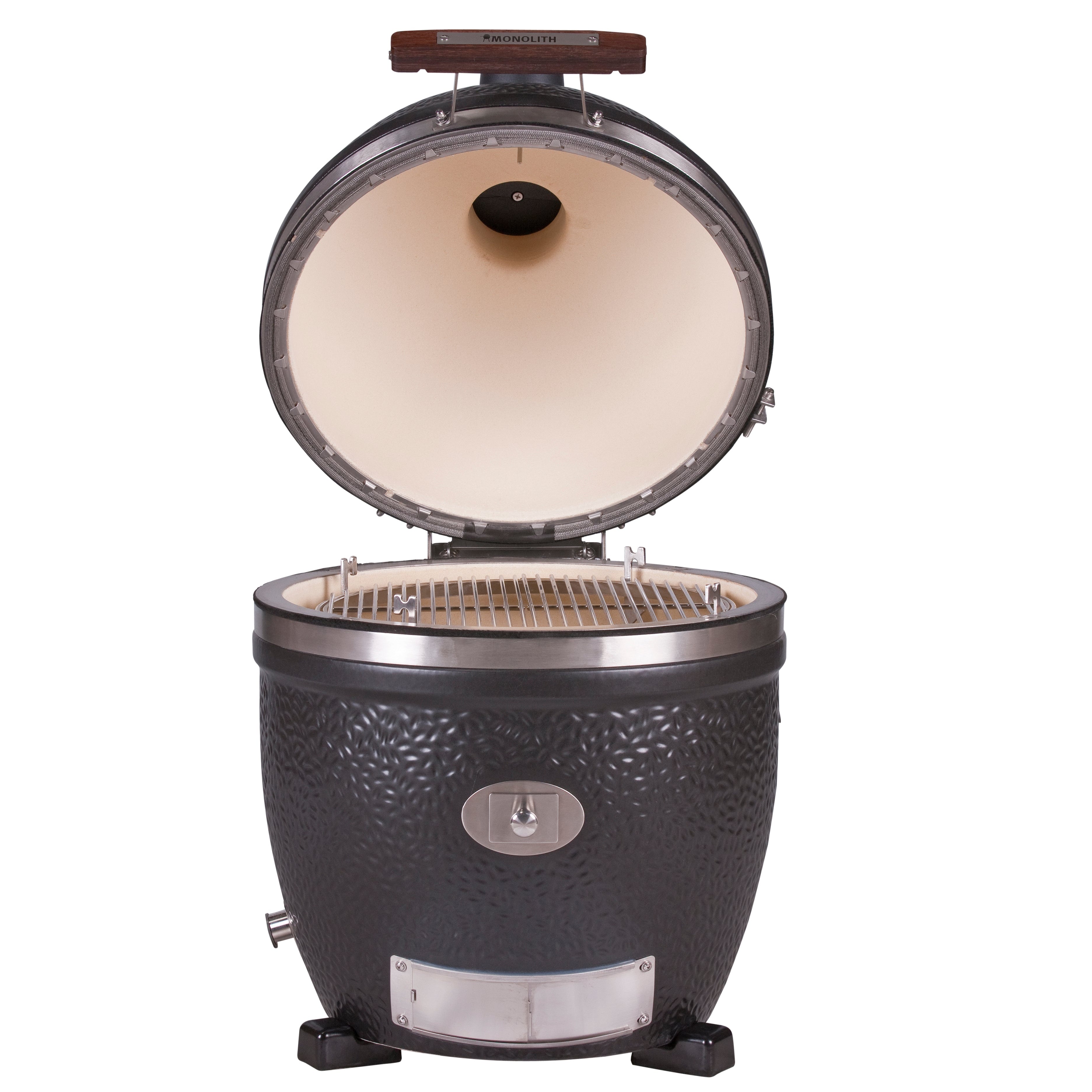Geöffneter Kamado-Keramikgrill Monolith Avantgarde Classic mit Edelstahlrost und Keramikfüßen – perfekte Hitzezirkulation für BBQ