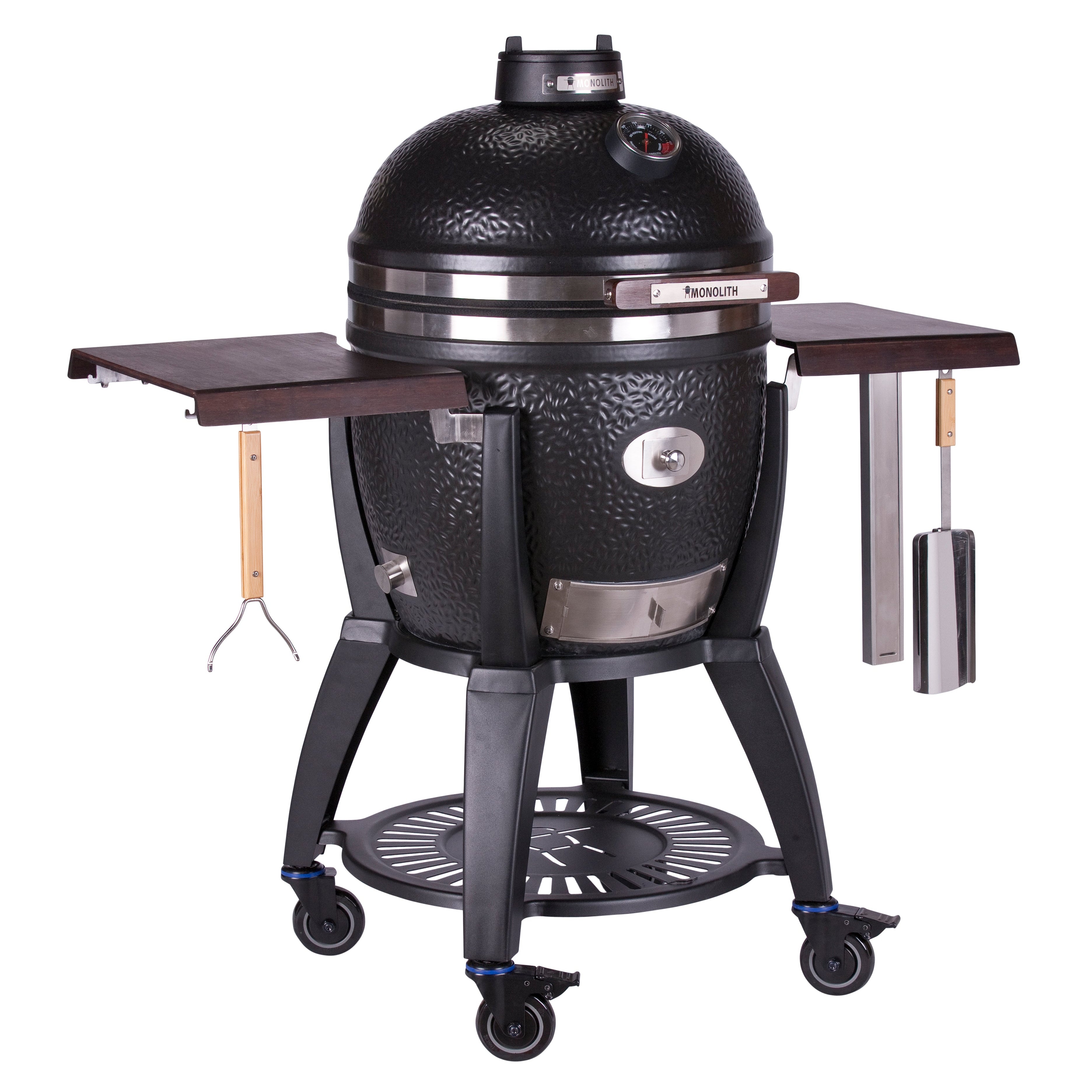 Schwarzer Kamado-Keramikgrill mit Seitentischen, Zubehörhalterungen und Rollen, geeignet für Outdoor-Grillen