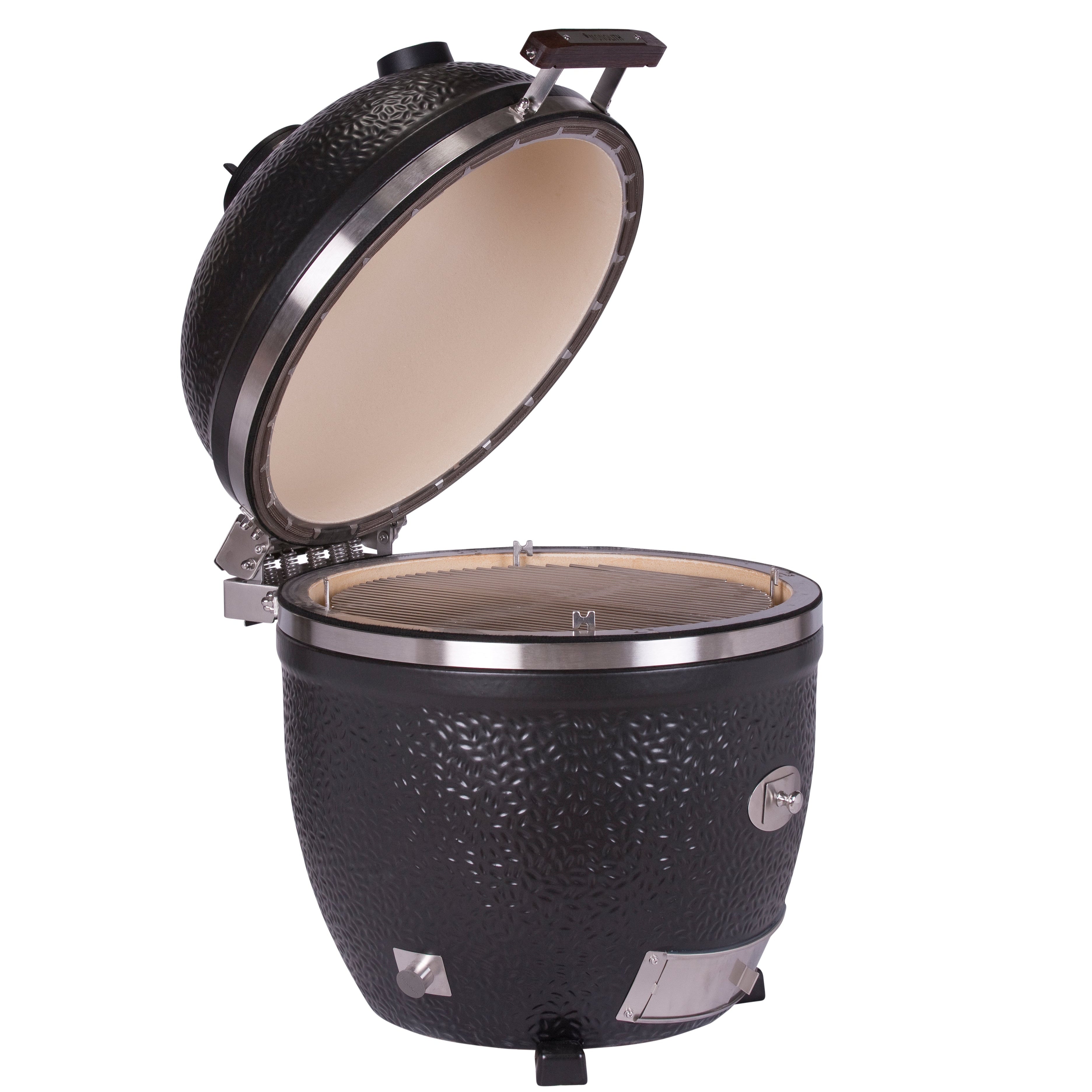 MONOLITH AVANTGARDE LeCHEF Keramikgrill mit geöffnetem Deckel – Innenansicht mit Grillrost, hitzebeständiger Silikatkeramik und massiver Bauweise.