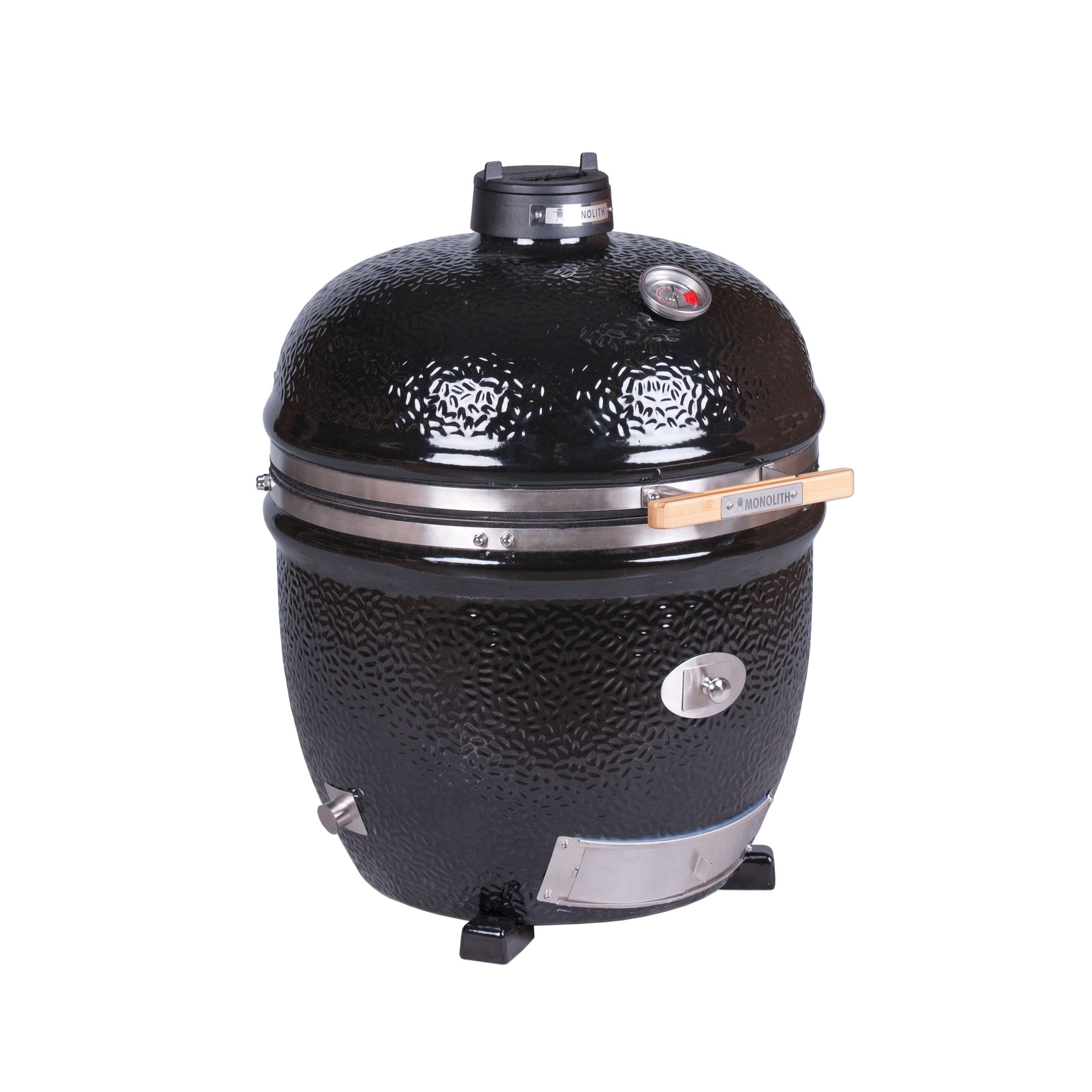 Kompakter Kamado-Keramikgrill in Schwarz mit Thermometer und Edelstahl-Elementen – ideal für Balkon oder kleine Terrassen.