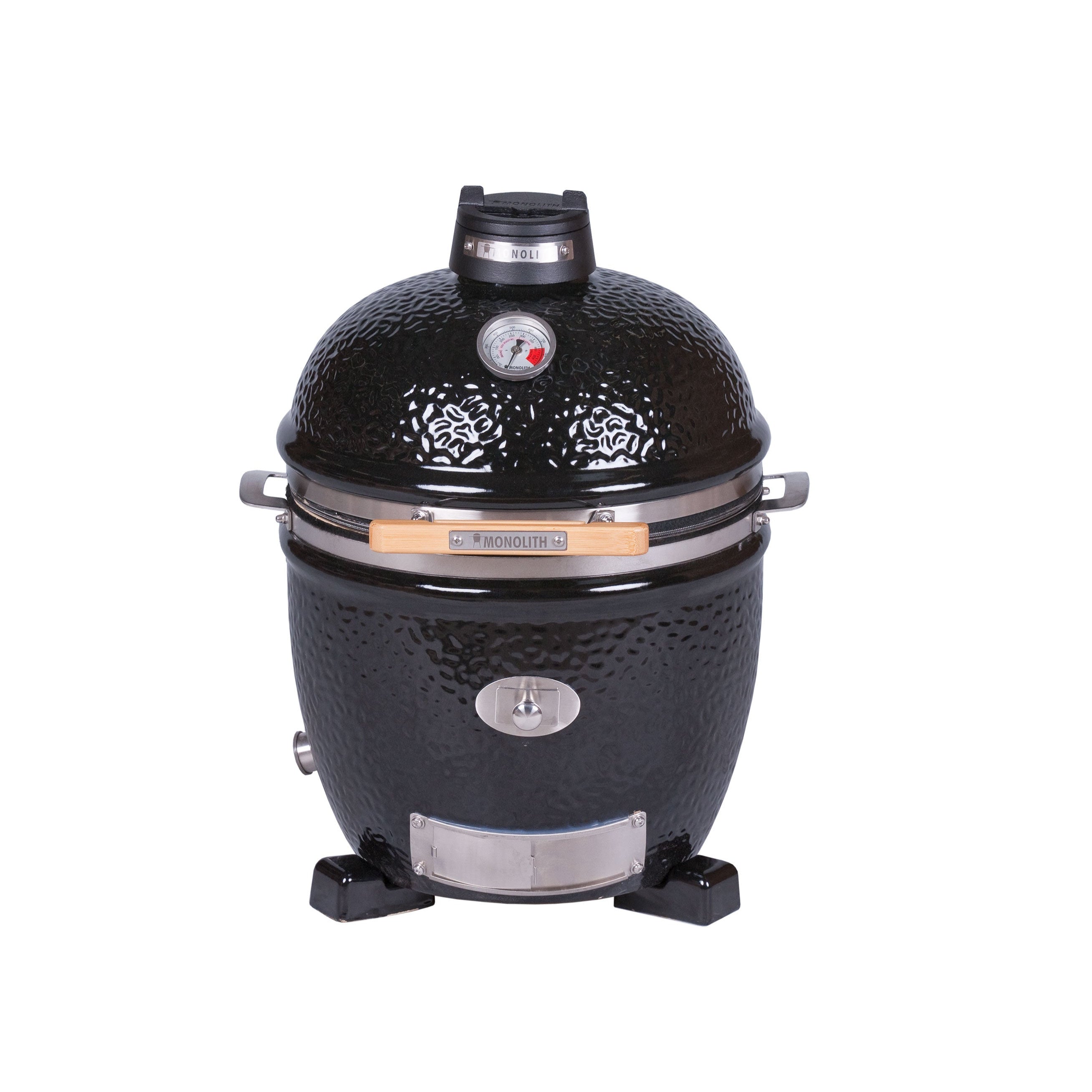 Monolith Junior Kamado-Grill in Schwarz mit Keramikgehäuse und Edelstahl-Elementen – stand alone Version für flexiblen Einsatz