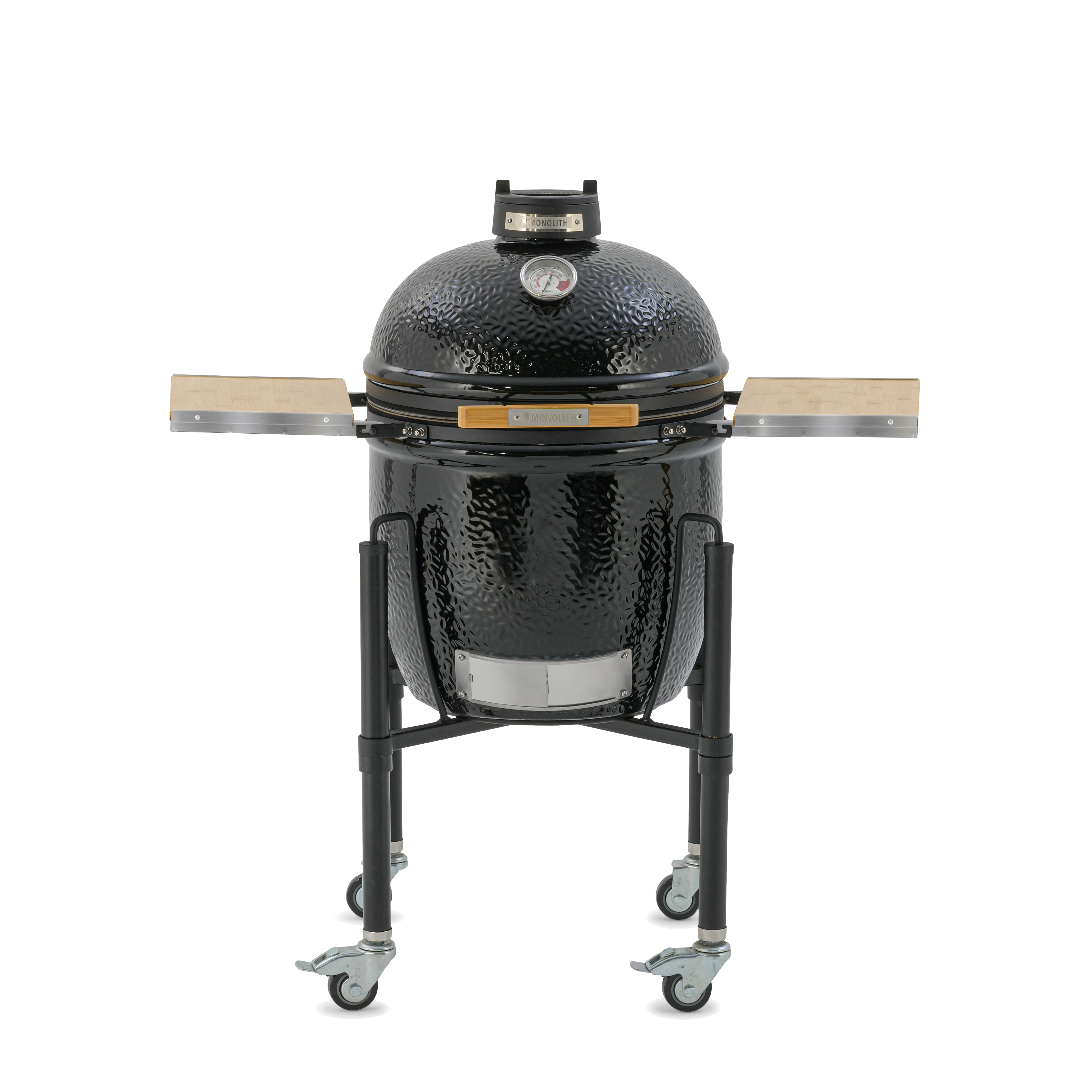 MONOLITH ONE.55 Kamado-Keramikgrill mit pulverbeschichtetem Gestell und klappbaren Bambus-Seitentischen – Premium-Einstiegsmodell mit Rollen und klassischem Design